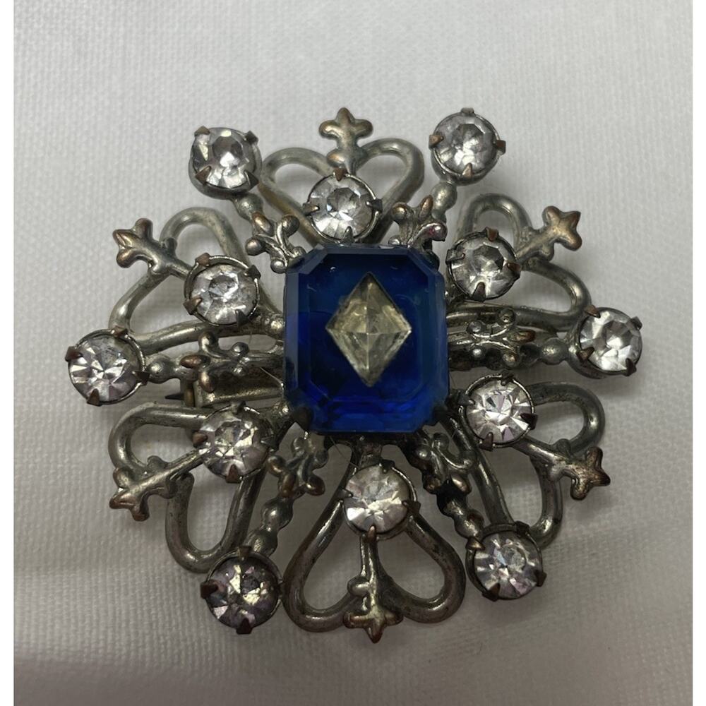 Vintage Starburst Large Blue Rhinestone Brooch Mid-Century Filigree Detail